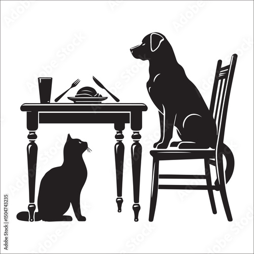 Dogs and Cats Enjoying a Cozy Coffee Date | A black and white silhouette illustration of a dog and a cat seated at a table, enjoying coffee.