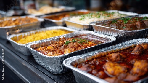 Indian Takeaway Dishes at a London Market Stall in Foil Trays