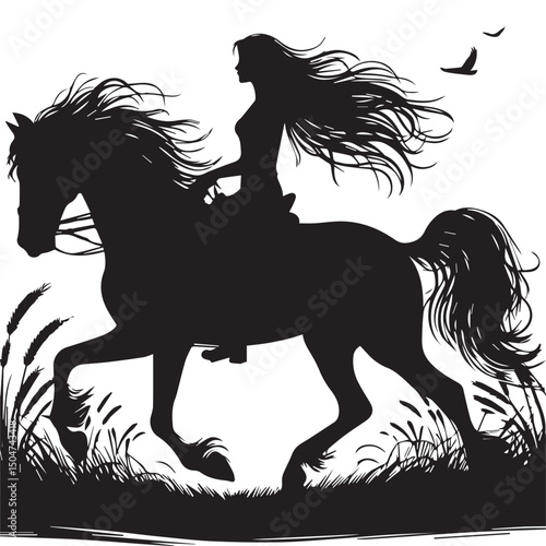 Silhouette of a person riding a horse, editable vector image