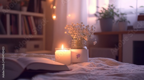 Cozy evening scene with candle and flowers on bed