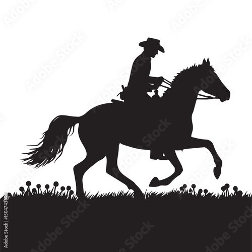 Silhouette of a person riding a horse, editable vector image
