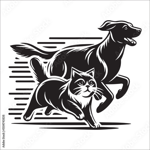 Friendly dog and cat silhouettes in a dynamic pose and run away | Vector Illustration black and white
