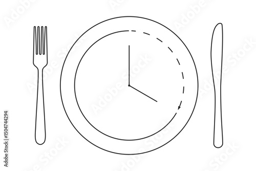 Dinner plate and cutlery with clock symbol for intermittent fasting diet concept in outline vector
