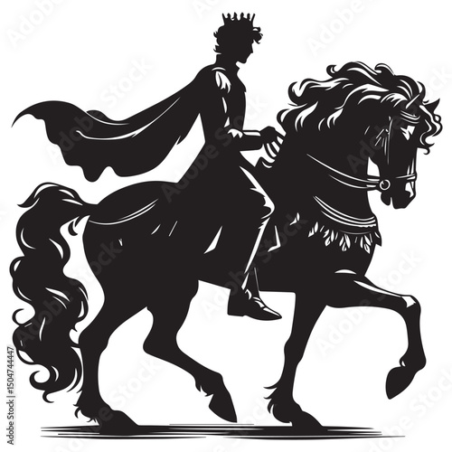 Silhouette of a person riding a horse, editable vector image