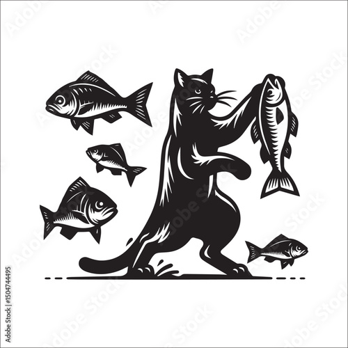 A Cat Carrying a Fish in a Dynamic Pose | A stylized black and white graphic illustration of a cat, running swiftly and holding a large fish.