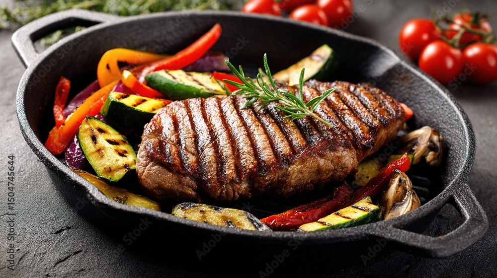 Grilled American Steak with Colorful Vegetables in Cast Iron Pan Grilled American Steak with Colorful Vegetables in Cast Iron Pan