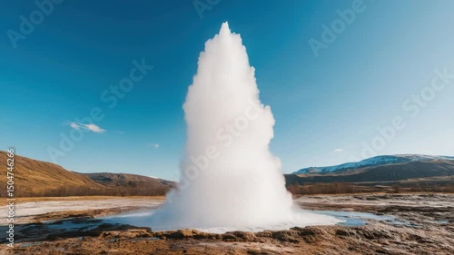 Wallpaper Mural Majestic Geyser Erupting in an Icelandic Landscape Under Clear Blue Sky and Snow-Capped Mountains Torontodigital.ca