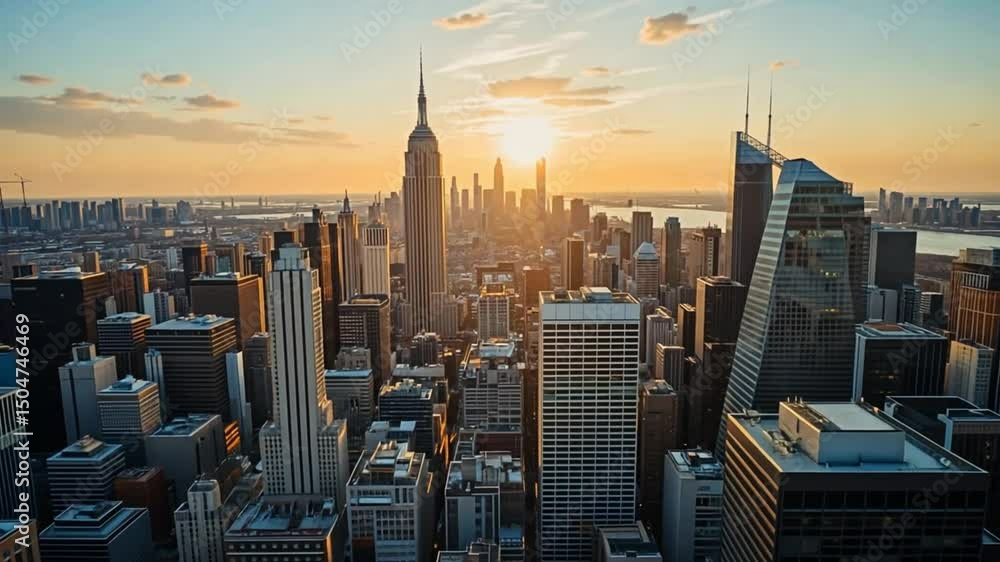 Aerial view of new york city skyline at sunset with empire state building prominent in the image