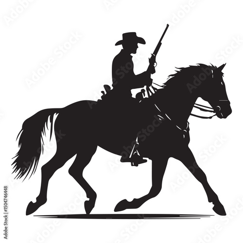 Silhouette of a person riding a horse, editable vector image