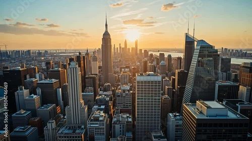 Aerial view of new york city skyline at sunset with empire state building prominent in the image