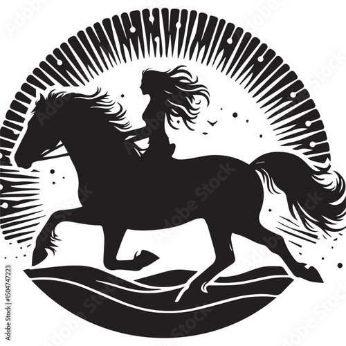 Silhouette of a person riding a horse, editable vector image