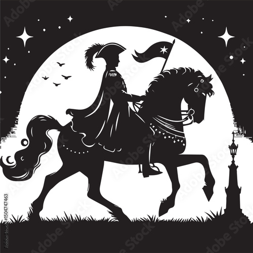 Silhouette of a person riding a horse, editable vector image