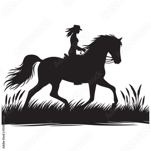 Silhouette of a person riding a horse, editable vector image