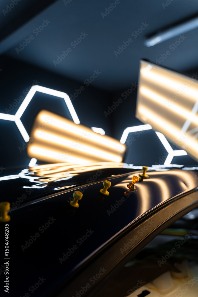 Obraz premium Glue tabs help align and restore the surface for a flawless finish. Multiple glue tabs applied to a dented car roof under LED lights during the paintless dent repair process.