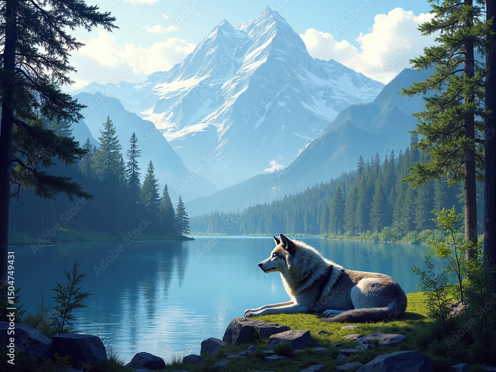 Obraz premium A wild wolf resting by the lake