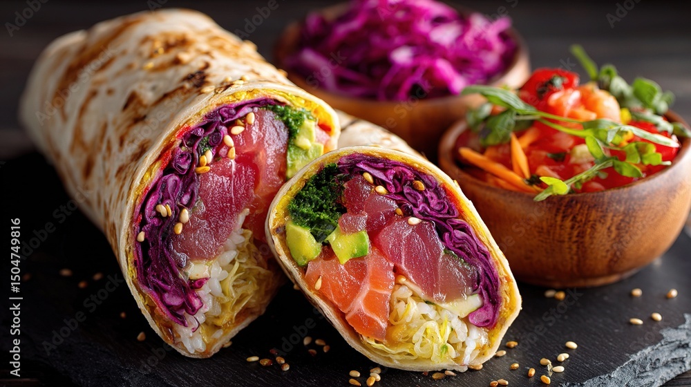 Obraz premium Colorful Poke Burrito with Fresh Fillings and Tasty Sides