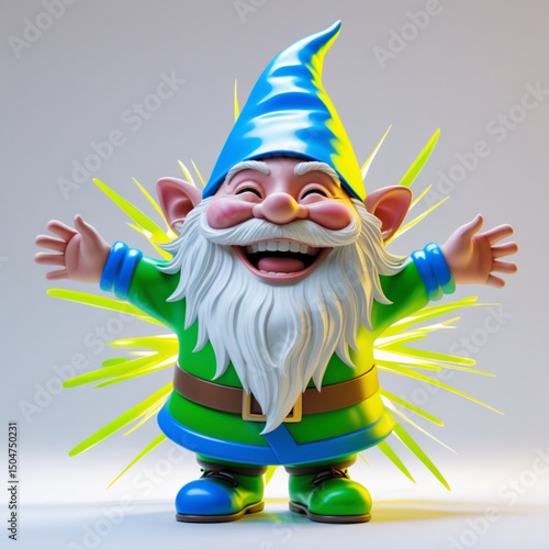 Joyful garden gnome with a blue hat and beard smiling widely