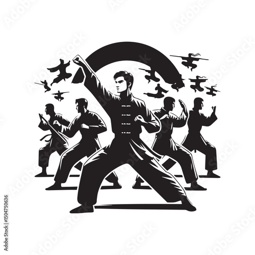 kungfu silhouette, editable vector image