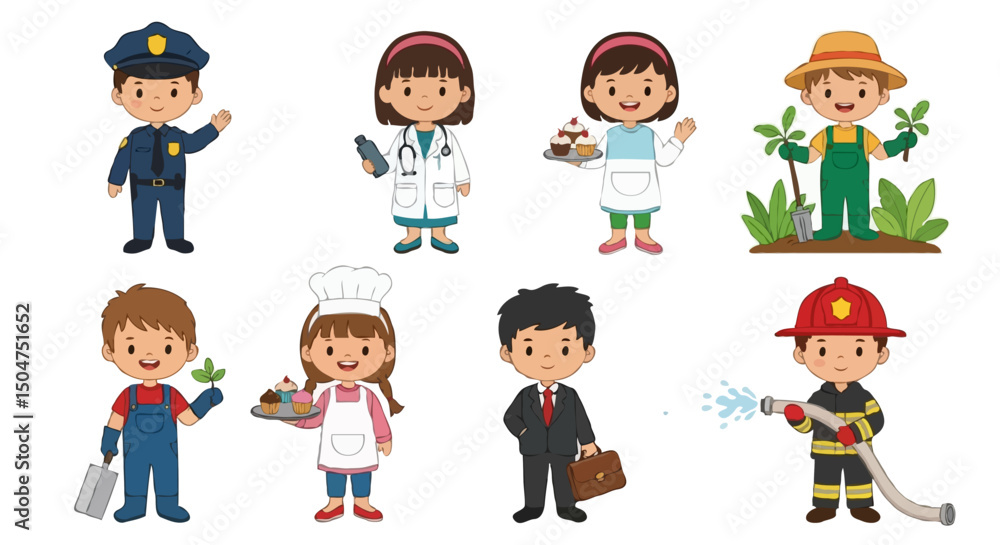 Kid Profession Set Vector Illustration, Children Dressed as Policeman, Doctor, Gardener, Confectioner, Businessman, and Fireman on White Background Kid Profession Set Vector Illustration, Children Dressed as Policeman, Doctor, Gardener, Confectioner, Businessman, and Fireman on White Background