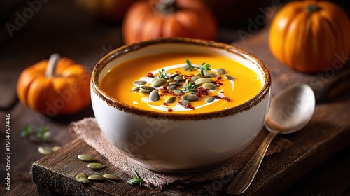 Creamy Pumpkin Bisque with Roasted Pepitas and Fresh Herbs