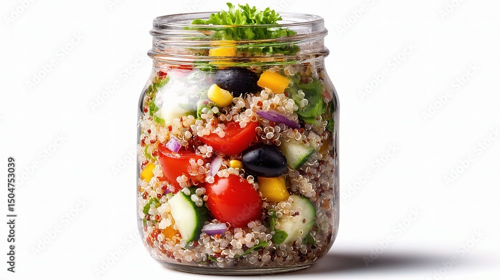Fresh Quinoa Salad in Mason Jar Isolated on White Background Fresh Quinoa Salad in Mason Jar Isolated on White Background