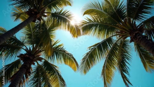 The branches of palm trees form the shape of heart. View from the bottom up.