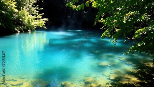 Turquoise Forest Pool with Clear Water and Rock Bottom