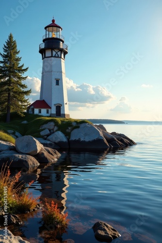 Duluth lighthouse, calm Lake Superior waters, summer sun , ocean, photography