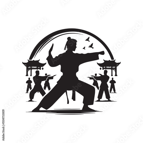 kungfu silhouette, editable vector image