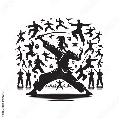 kungfu silhouette, editable vector image