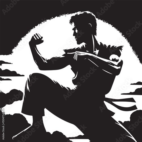 kungfu silhouette, editable vector image
