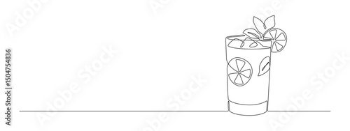 Glass of cocktail in continuous one line drawing. Mojito and beverage bar in simple linear style. Alcohol drink menu in editable stroke. Doodle oneline vector illustration