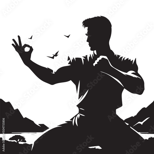 kungfu silhouette, editable vector image