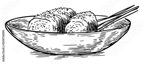 bowl of rice balls with chopsticks in food sketch style