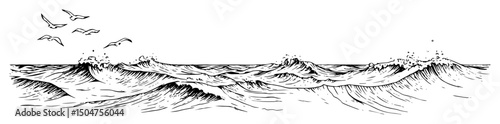 ocean waves with birds in outline engraving sketch style