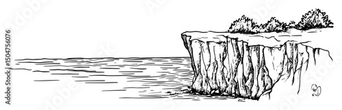 sea cliff with trees and ocean in coastal sketch style