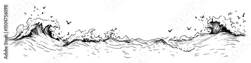 breaking sea waves with birds in ocean engraving style