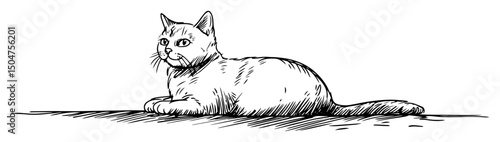 lying cat in relaxed pose in engraving sketch style