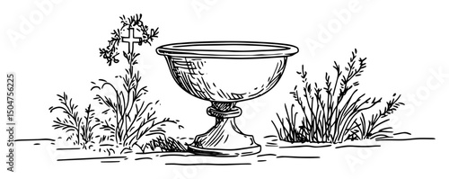 holy chalice with cross and herbs in engraved religious sketch