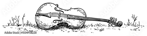 violin lying on grass in vintage outline sketch style