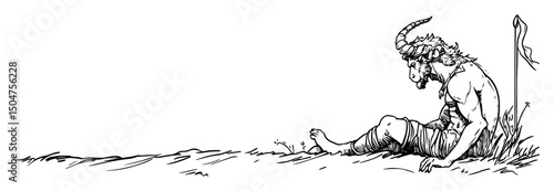 faun satyr resting on ground in mythological sketch style
