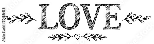 love typography with leaves and heart sketch drawing