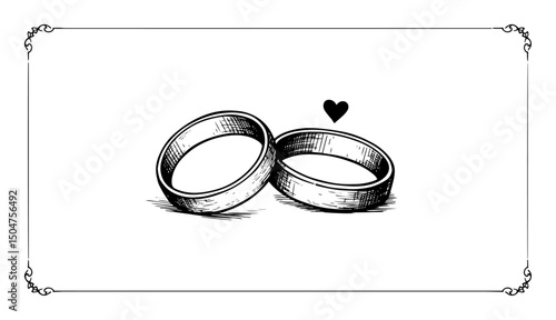 wedding rings with heart line art romantic frame
