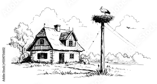 cottage house with stork nest countryside sketch