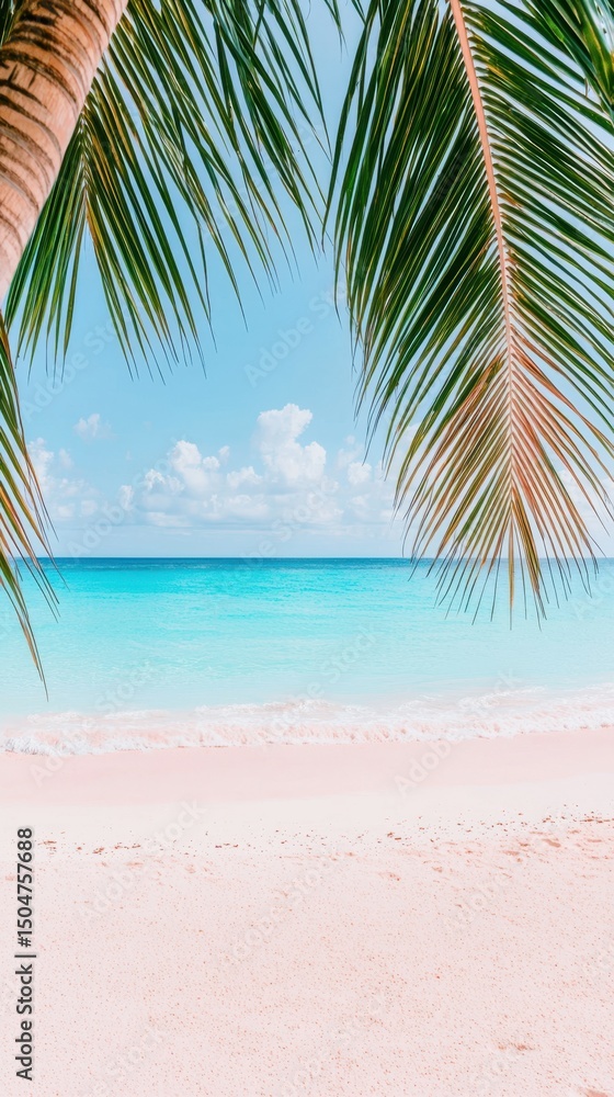 Obraz premium Serene tropical beach with turquoise water, white sand, and palm leaves framing a bright, sunny sky.