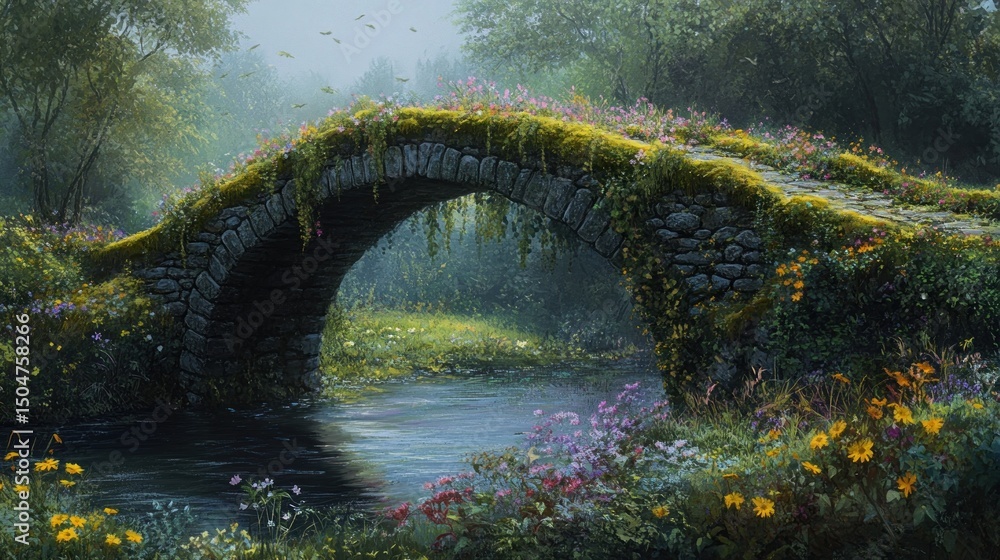 Fototapeta premium Fabled stone bridge, overgrown with vibrant wildflowers
