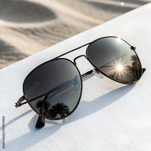 Sunglasses Reflecting the Sun on White Background