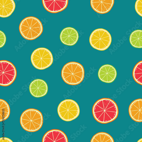 Seamless Hand Drawn Sliced Grapefruit Orange Lemon and Lime Pattern Design Green Background