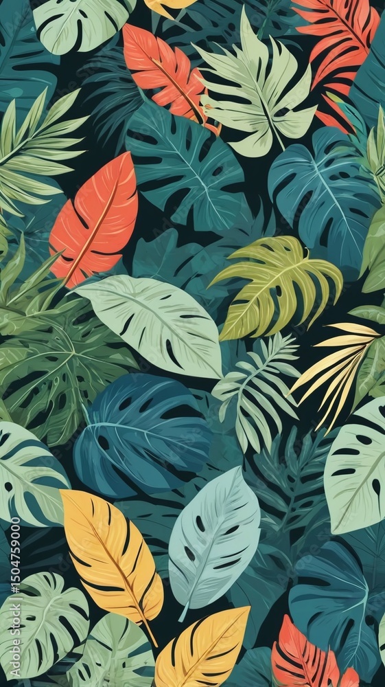 Naklejka premium Vibrant Tropical Leaves Seamless Pattern Lush Green, Teal, and Orange Foliage Design