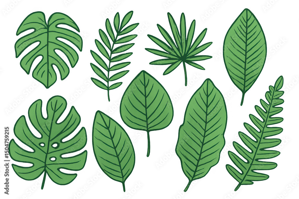 Green tropical leaves creating a vibrant and exotic botanical illustration on a transparent background Green tropical leaves creating a vibrant and exotic botanical illustration on a transparent background